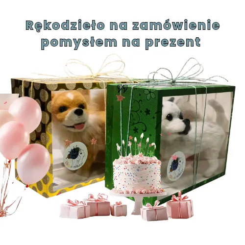 Pudełeczka prezentowe kolorowe, zrobione w Elkapentelka.pl z widocznymi wewnątrz, przez okienka, figurkami piesków