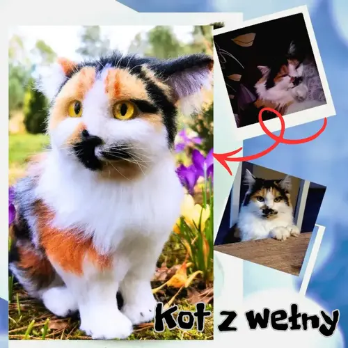 Kotek biały w brązowo czarne łatki, zrobiony z wełny, na podstawie foto, które są po prawej stronie obrazka, na dole napis, kot z wełny