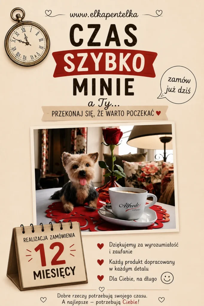 U góry, napis że czas oczekiwania szybko minie, po środku piesek, czekający przy kawce na zrobionego szydełkowego pupila, na dole kartka z kalendarza, z opisem że czas oczekiwania na zrobienie rękodzieła wynosi około dwunastu miesięcy