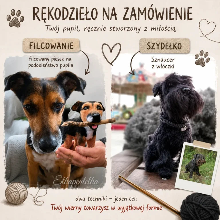 Po lewo, brązowo czarny piesek, zrobiony metodą filcowaną, po prawo, czarny piesek, zrobiony metodą szydełkową