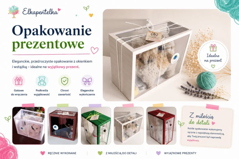U góry pudełeczko prezentowe z widocznym, wewnątrz pieskiem, zrobionym na szydełku, na dole różne rodzaje kolorowych pudełeczek prezentowych z widocznymi pupilami